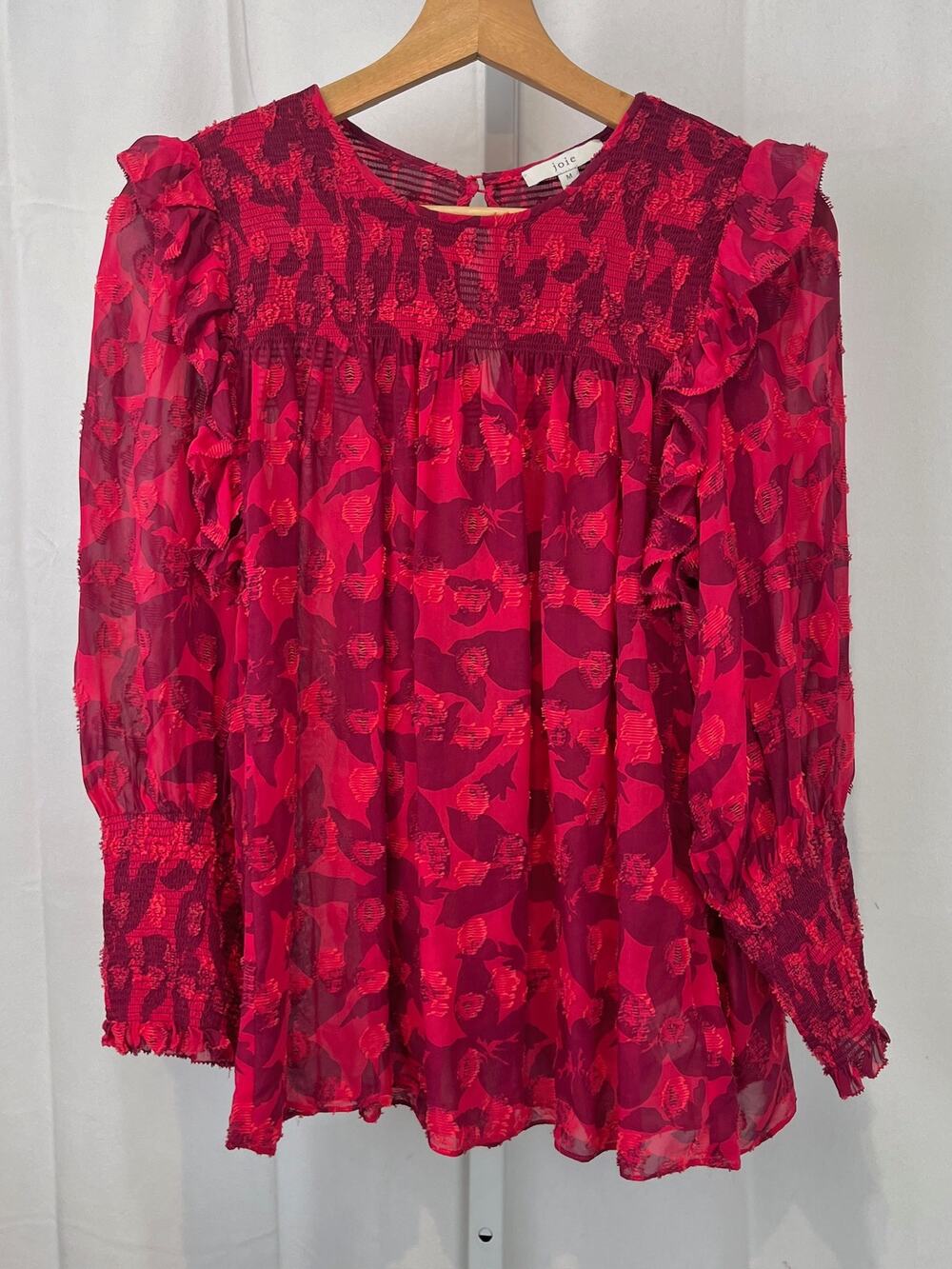 JOIE Jamila Floral Smocked Blouse Sheer Silk Cotton Top Red Purple Size M